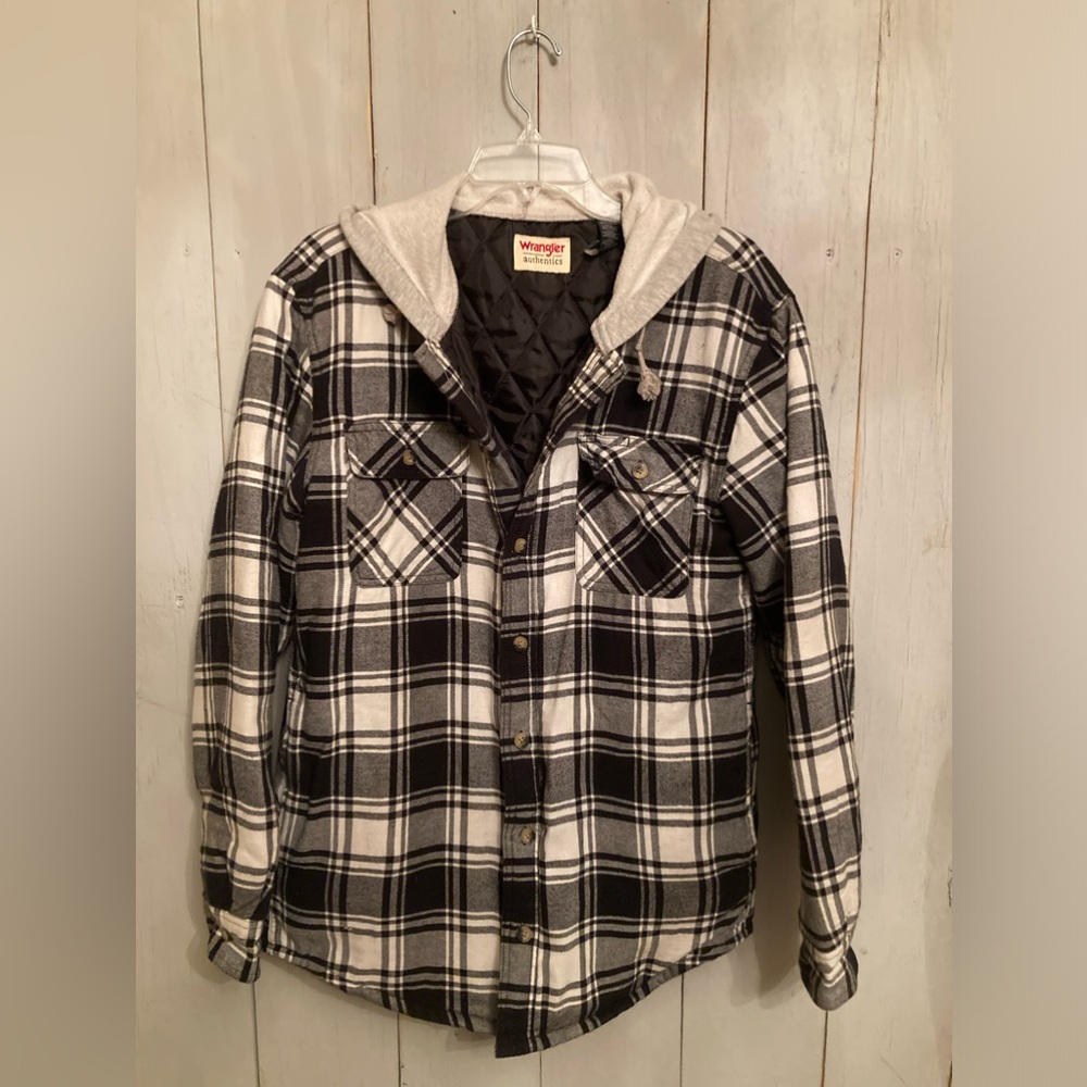 Wrangler Authentics Jacket Shirt Mens Plaid Button Up Hooded Quilted Lined Sz-M